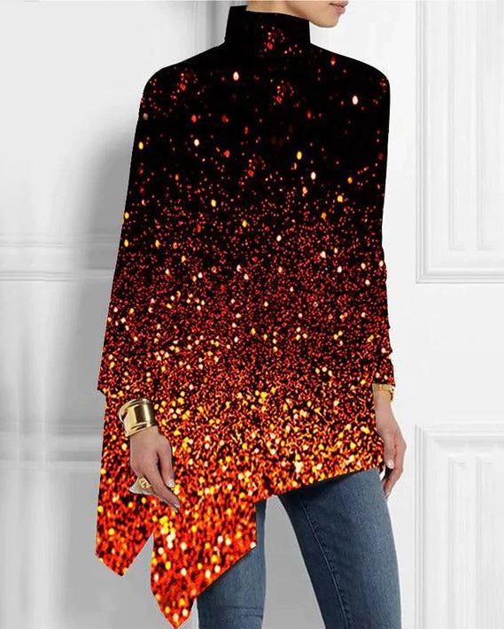 Glitter Sequin Gradient Print Half Turtleneck Hem Top
