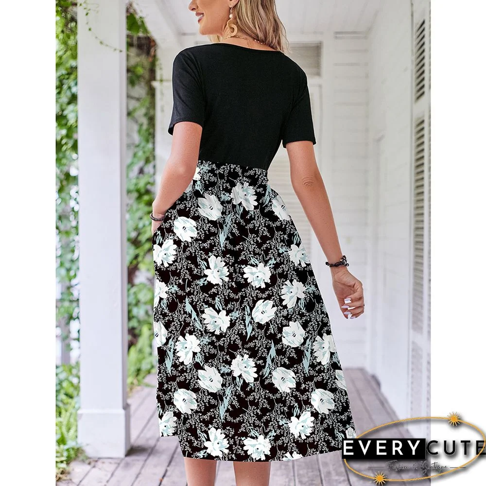 Blue Floral Print Spliced Short Sleeve Dress