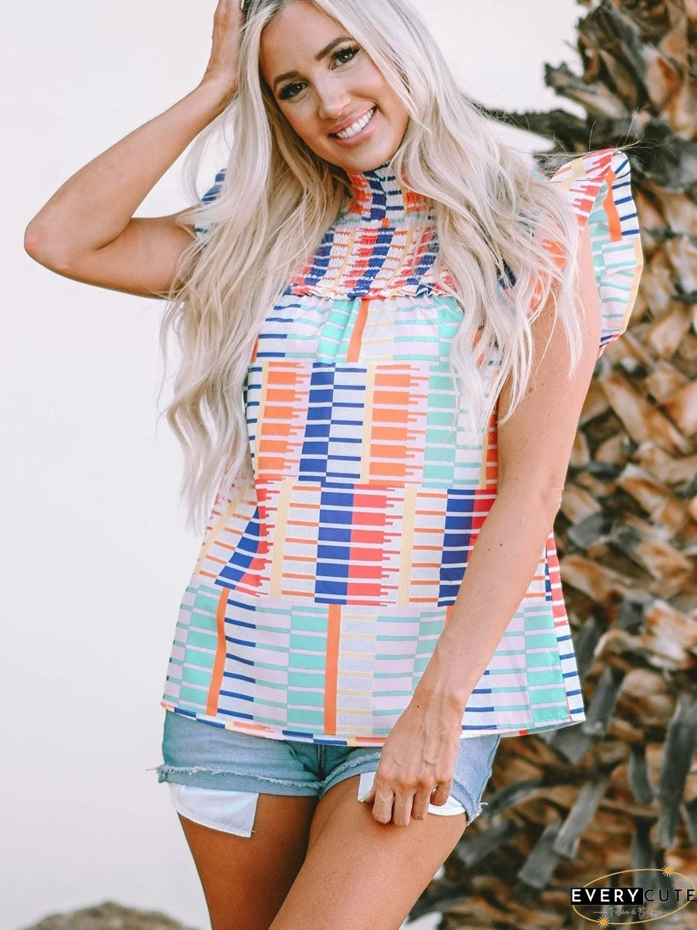 Colorful Striped High Neck Ruffle Sleeve Top