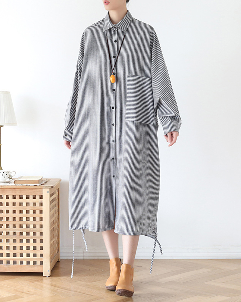 Stripe Chest Pocket Long Sleeve Shirt Collar Loose Dress