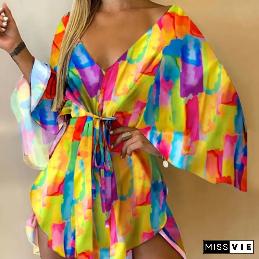 V-Neck Leaf Print Party Women Elegant Lace-Up Waist Casual Irregular Beach dress sexy
