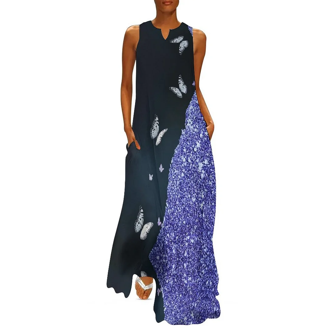 Style & Comfort for Mature Women Plus Size Printed Sleeveless Casual Women Maxi Dress with Pockets in Pattern Purple, Butterfly, Glitter