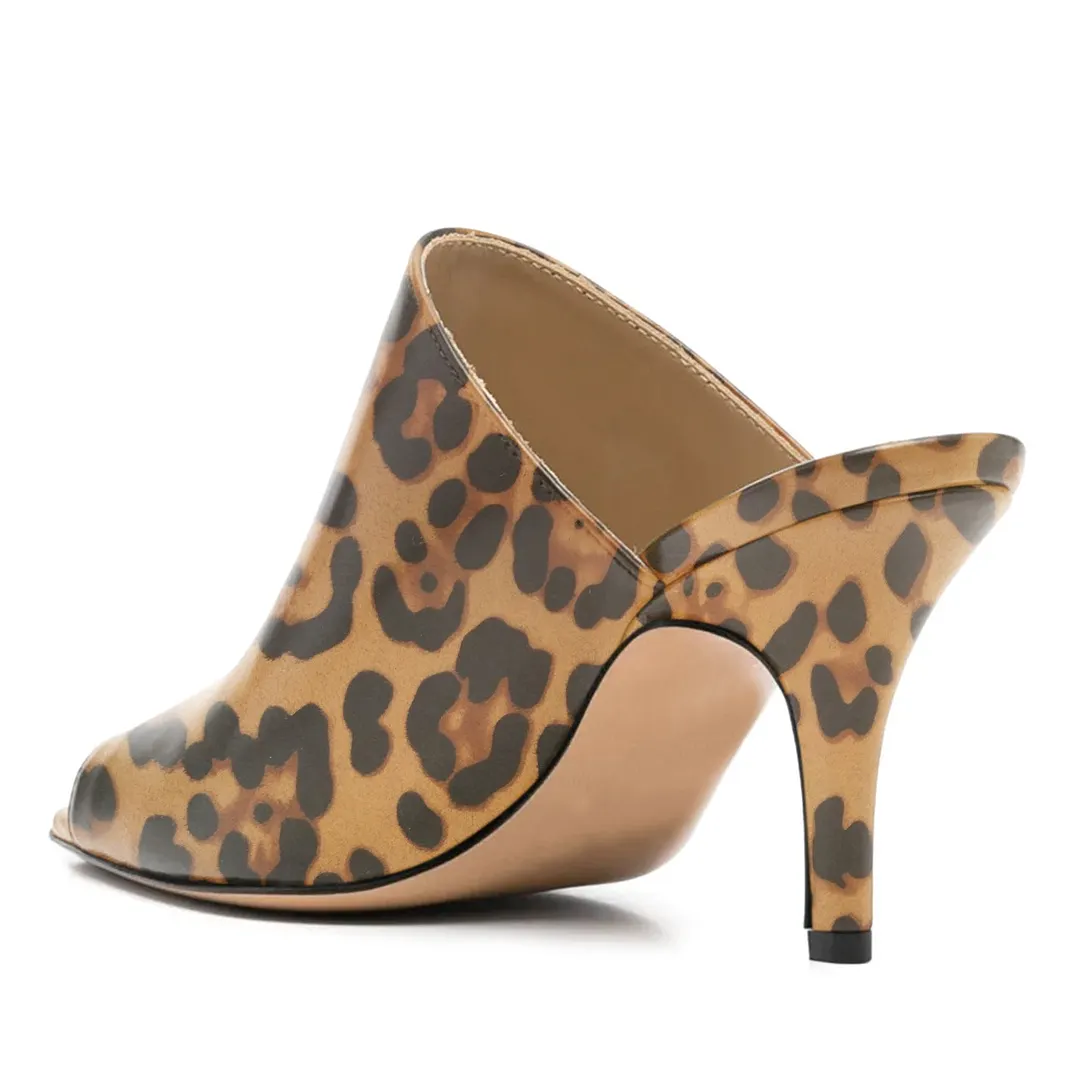 Brown & Black Faux Leather Peep Toe High Heel Mules with Leopard Print