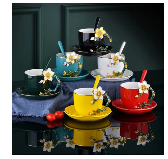 Handmade Enamel Painted High-Grade Coffee Cup and Saucer Set