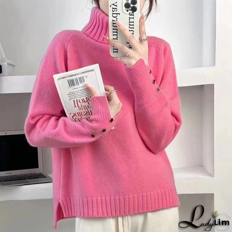 Knitted shirt with double neck pullover and long sleeves with split hem