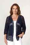 Front view of navy blue linen-blend button-front V-neck top for mature women