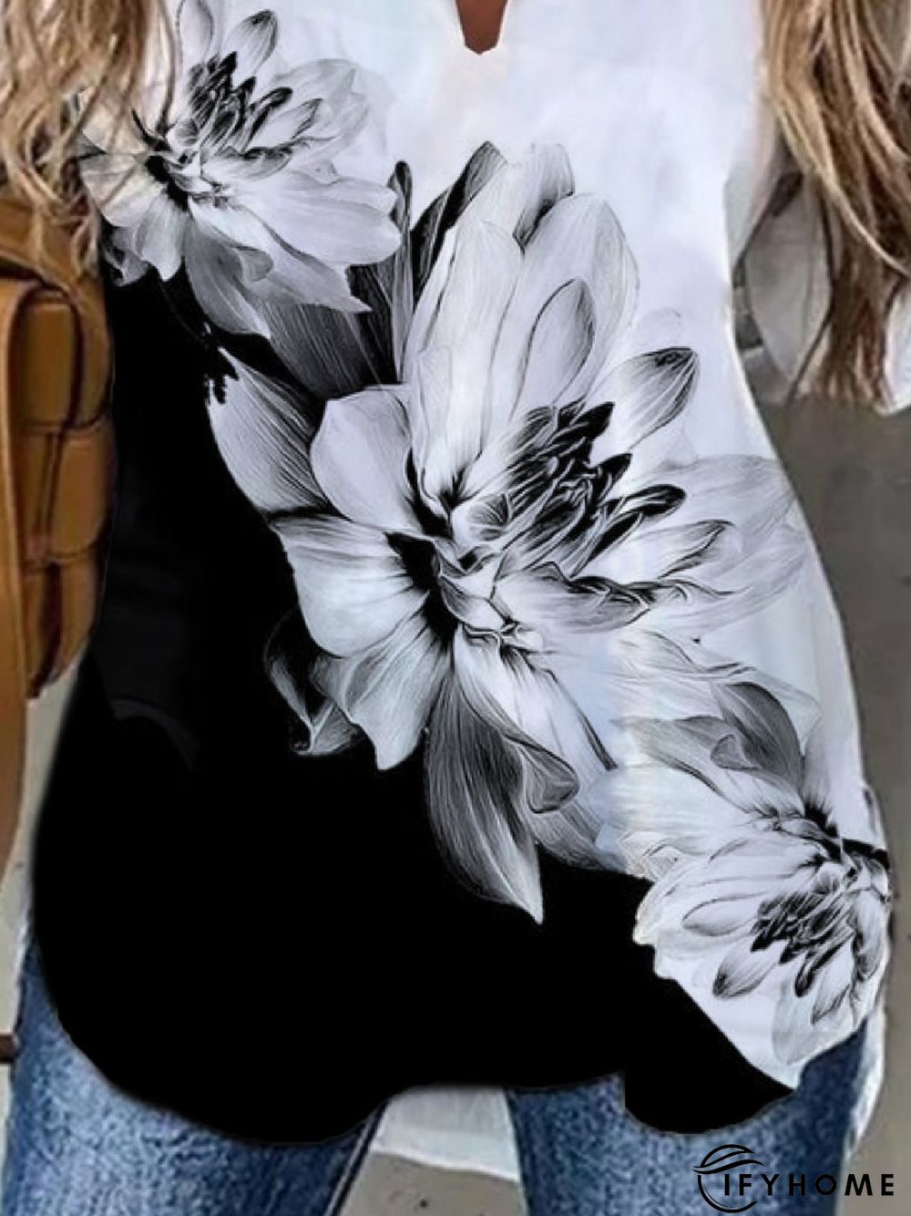 Casual Loosen V Neck Floral Long Sleeve Tunic Top | IFYHOME