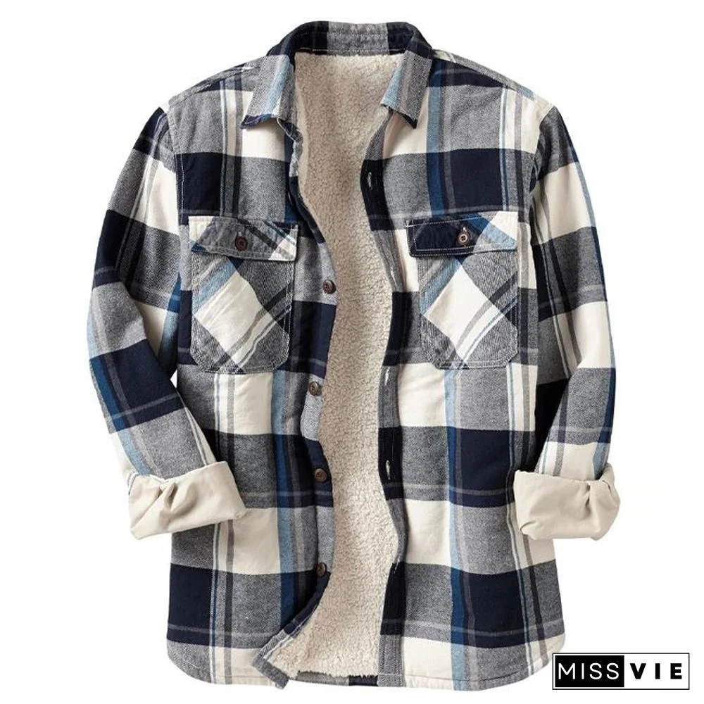 Mens Plaid Thick Plush Casual Jacket