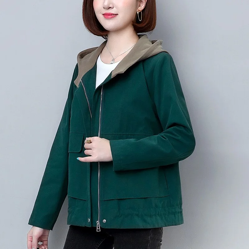 Spring Women Trench Coat New Hooded Short Outerwear Loose Plus Size 4XL With Lining Khaki Female Windbreaker Autumn Thin Coat