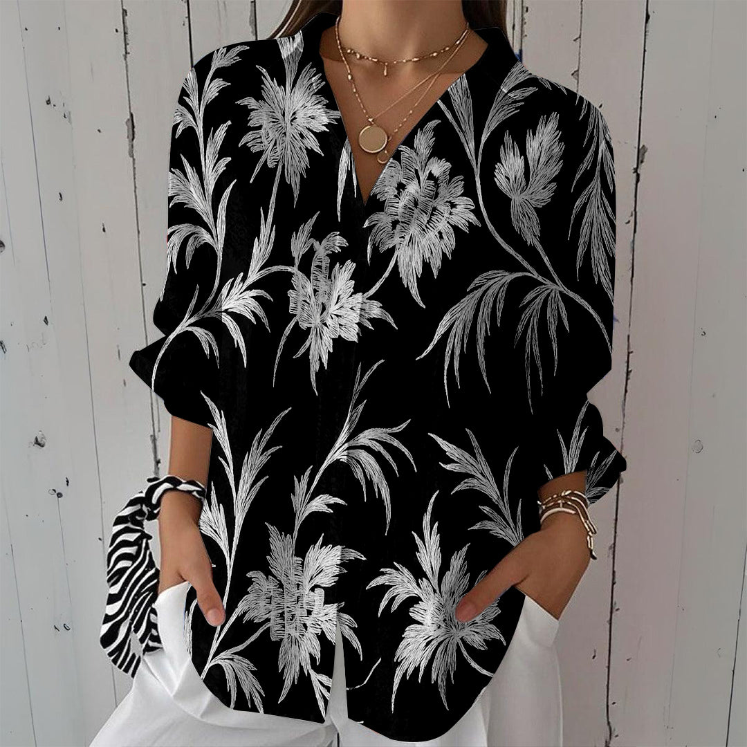 Women Long Sleeve V-neck Graphic Floral Printed Top