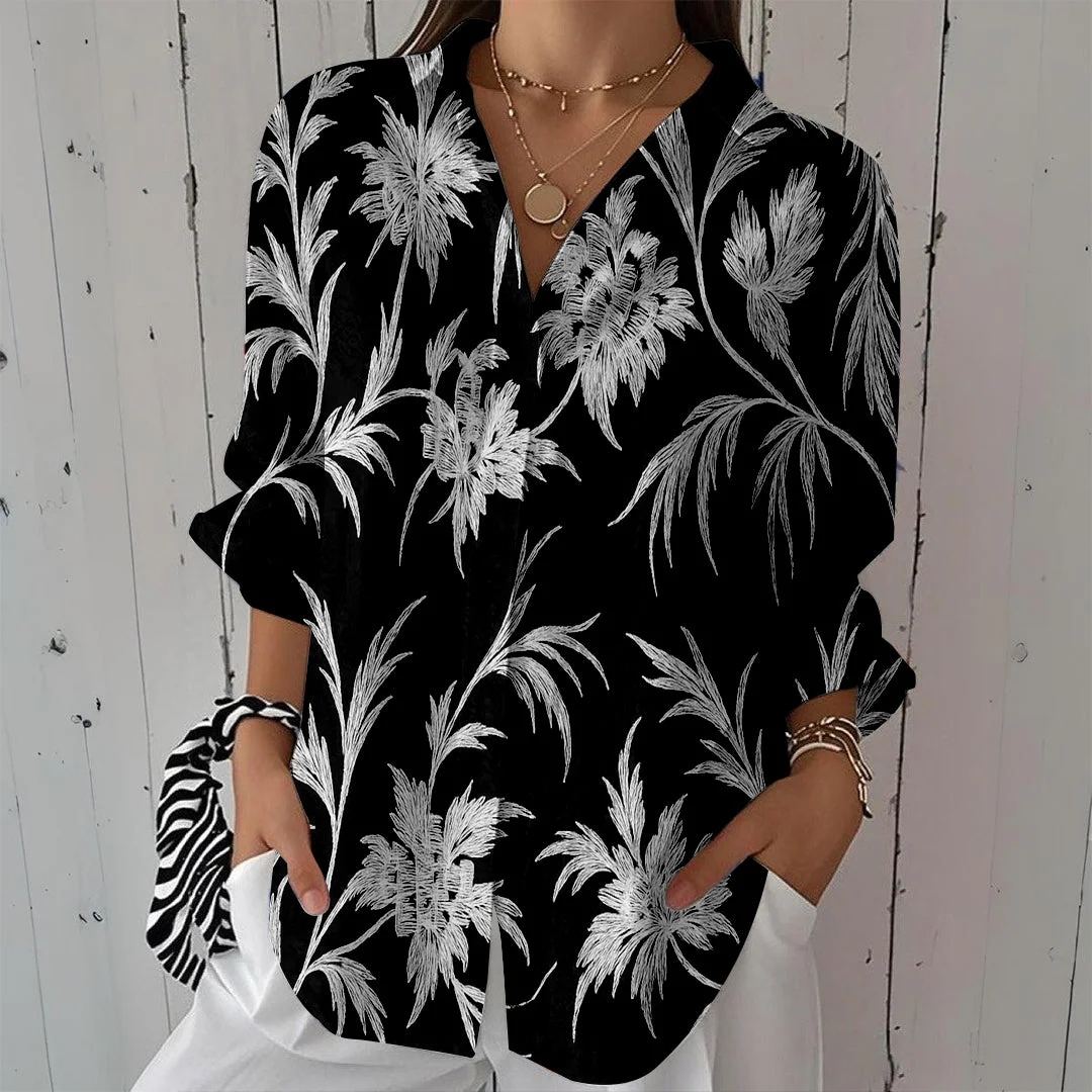 Style & Comfort for Mature Women Women Leaves, Black, White DZCL0400 3/4 Sleeve Shirt Collar Printed Button Tops
