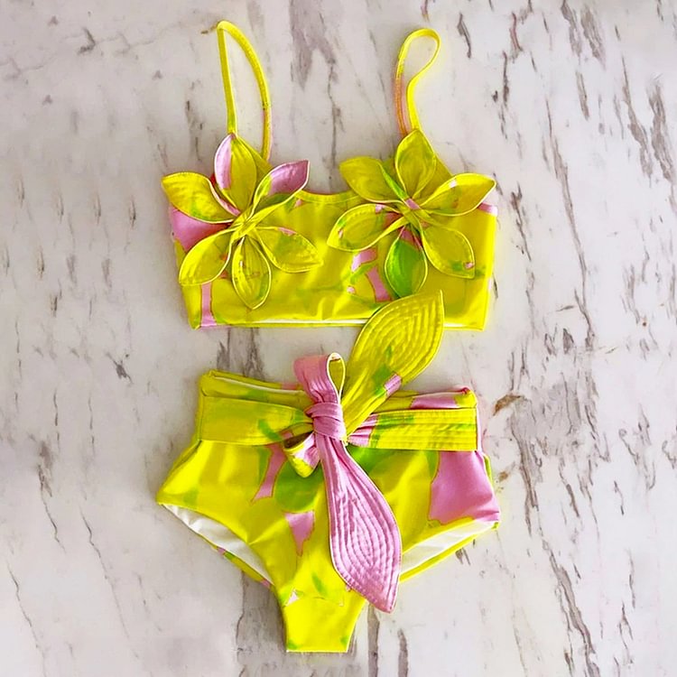Flaxmaker 3D Flowers Decor Lace Up Yellow Bikini Swimsuit