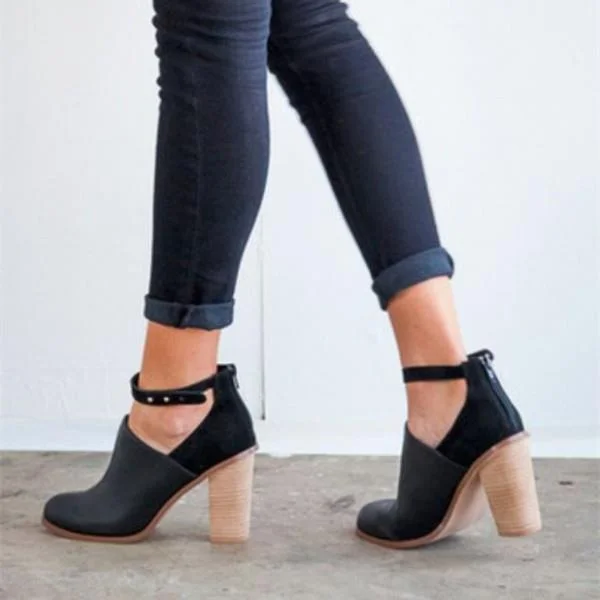 Black Heeled Boots Retro Ankle Strap Chunky Heel Ankle Boots