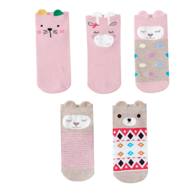 5 Pairs Lot Cotton Women Socks Female Casual Boat 3D Pack Cartoon Harajuku Cat Cute Heart Invisiable Funny Girl Ankle Sock Set
