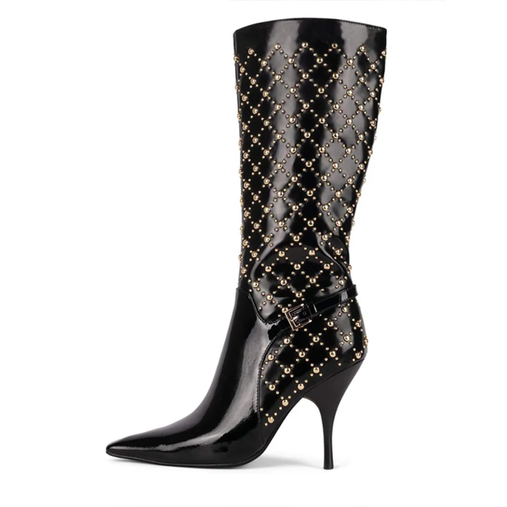 Black Pointed Toe Boots Diamonds Knee High Boots