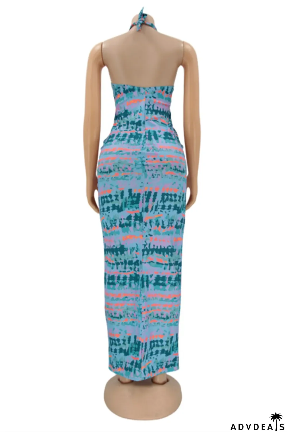 Blue Fashion Sexy Print Hollowed Out Backless Strapless Sleeveless Dress