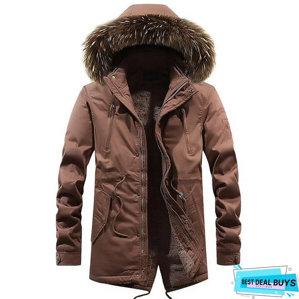 Men Long Casual Thick Warm Fleece Jacket Parkas Men Outfit Fashion Fur Collar Hooded 100% Cotton Coat Parkas