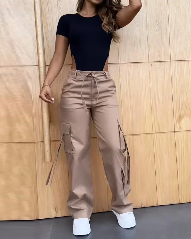 Casual solid color hollow two-piece suit