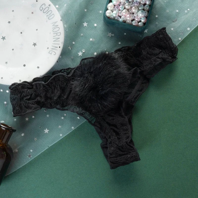 Sexy Lace Thong Women's Panties Underpants Breathable Female Transparent Fashion Detachable Hair Ball Lady G-string Briefs