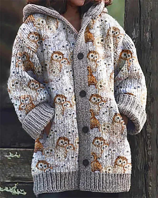 Vintage Owl Print Cozy Hooded Cardigan