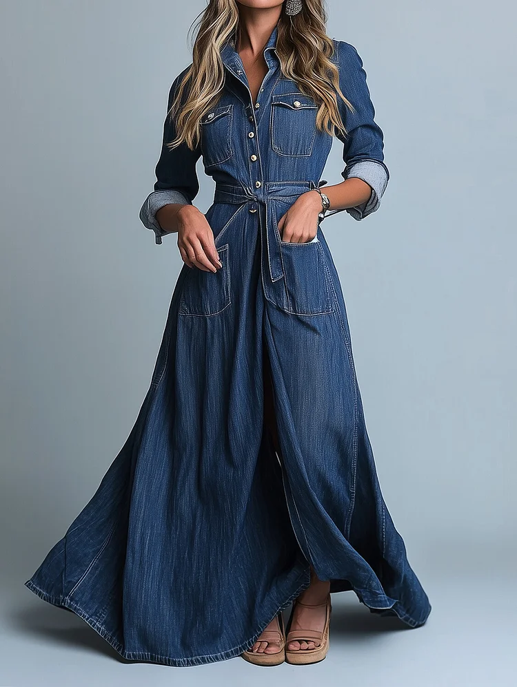 Ursime Shirt Collar Button Pocket Denim Long Sleeve Maxi Dress