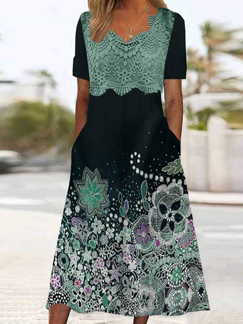 Women's Long Sleeve V-neck Graphic Printed Lace Stitching Midi Dress