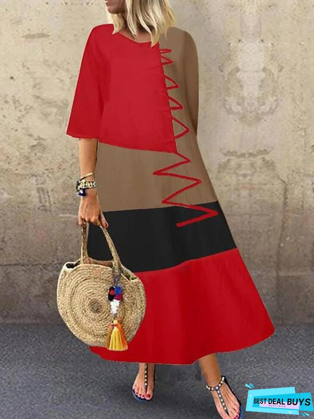 Women's Swing Dress Maxi Long Dress Half Sleeve Color Block Patchwork Summer Hot Casual Cotton White Red Khaki Gray White Dresses