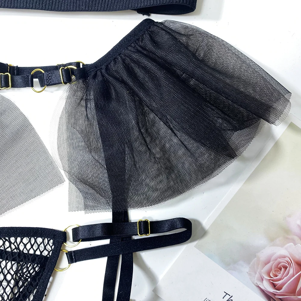 Billionm 3-piece Lace Lingerie Women See Through Fishnet Underwire Bra Panty with Garter Mesh Sheer Underwear Sexy Intimate Black Lingere