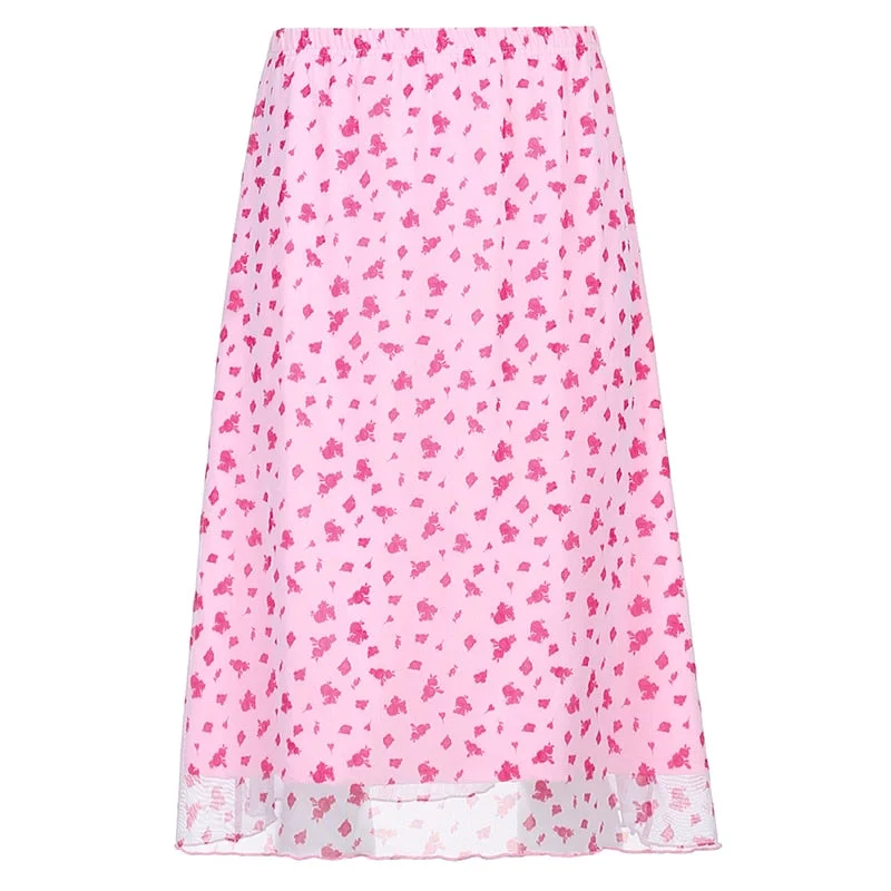 HEYounGIRL Floral Print Pink High Waist Midi Skirt Patchwork Mesh A Line Short Skirts Womens Summer Casual Kawaii Fashion