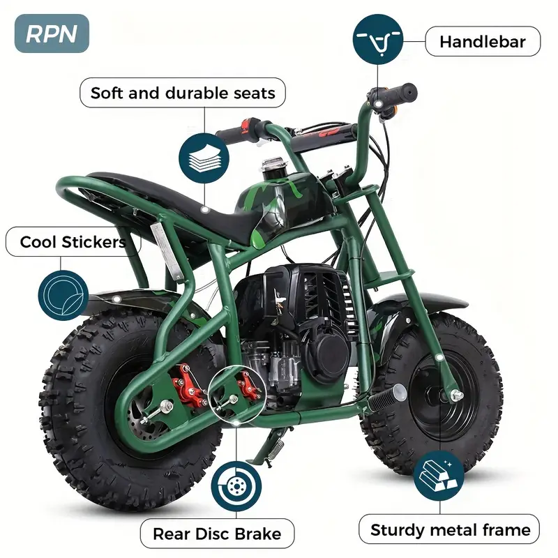 RPN DB003, 50CC 2-       , Motocicleta todoterreno a  ,   20 MPH,     de  , asiento acolchado  ,    s y aprobación de la EPA, Soporta   165  . detalles 4
