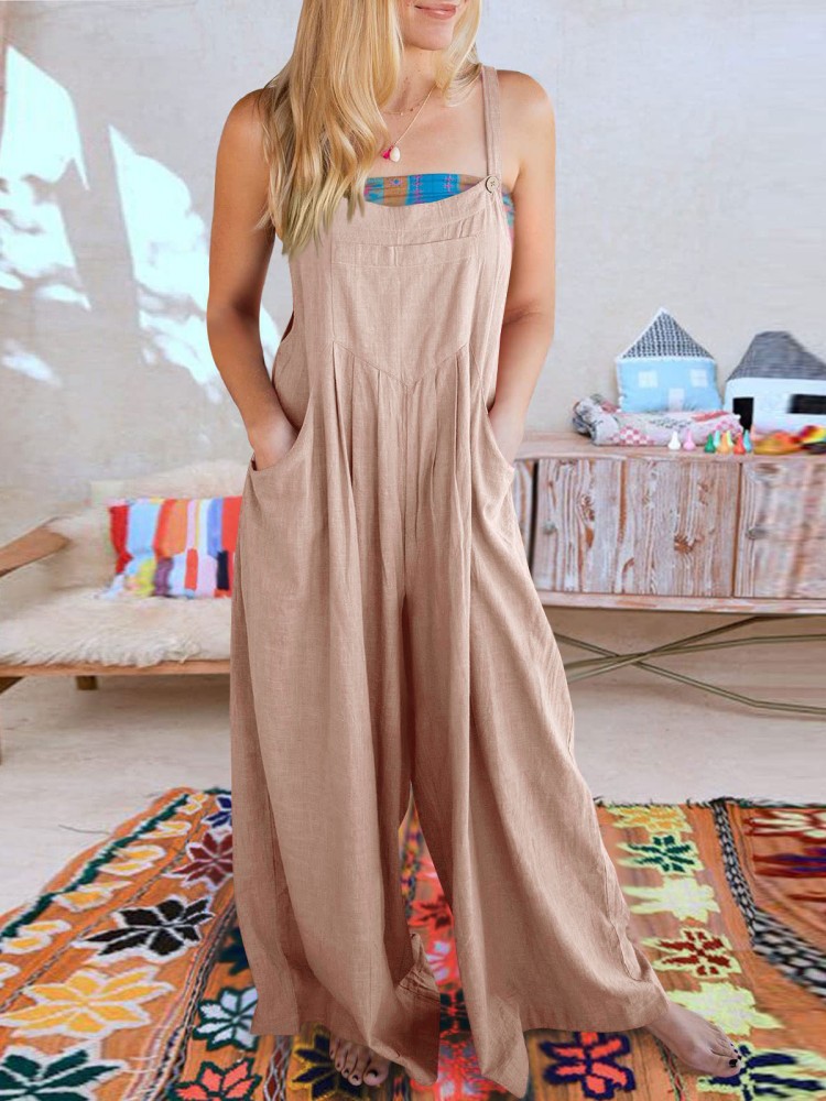 Solid Loose Casual Wide Leg Insert pocket Jumpsuit