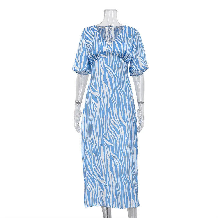 Ueong Ueong Summer Women's New Dress Short-Sleeved Satin Hanging Feeling Show Thin Back Temperament Print Dress