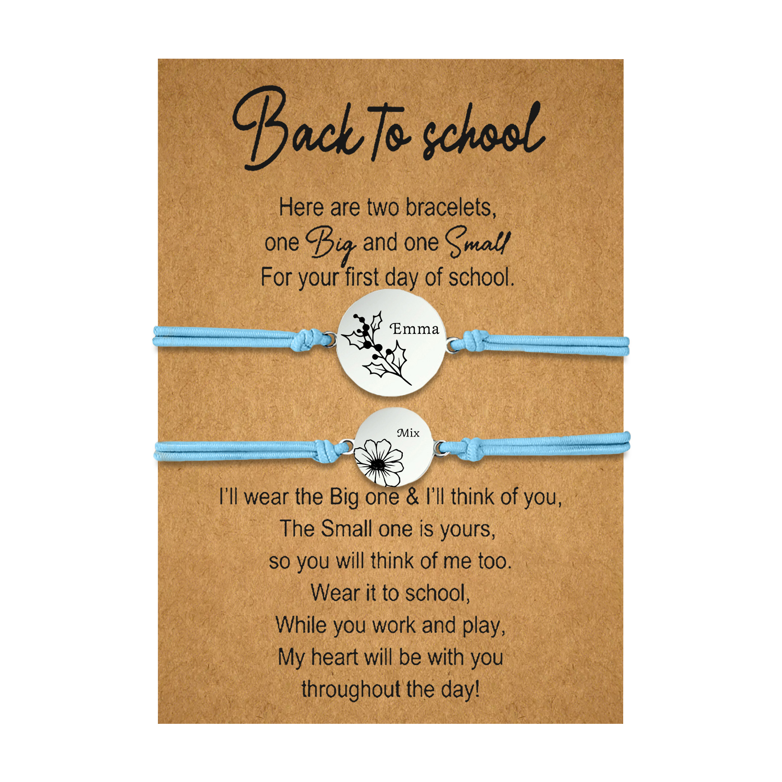 2 Pcs Bracelet Set Personalised Names & Birth Flowers Adjustable Bracelets with Message Card Back to School Gifts for Daughters-Jessemade AU