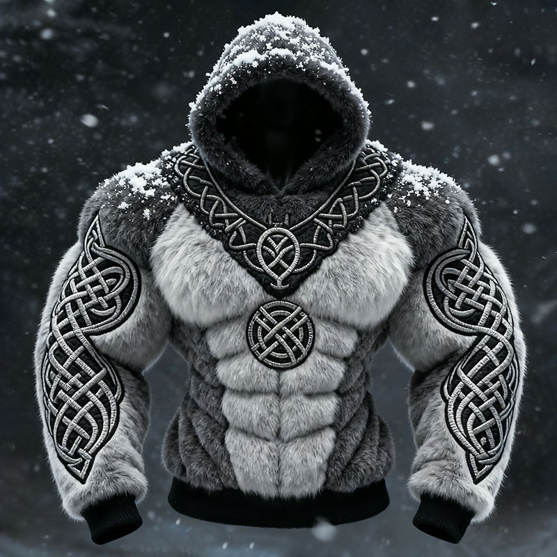 Men's Viking Tribal Jacquard Celtic Inspired Muscle Line Art Plush Warm Hoodie elevenforest