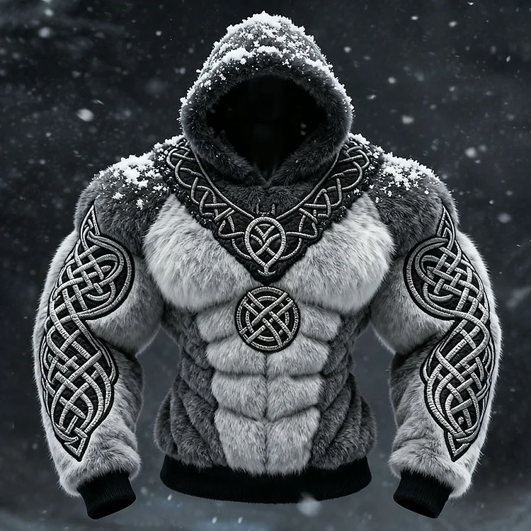 Men's Viking Tribal Jacquard Celtic Inspired Muscle Line Art Plush Warm Hoodie