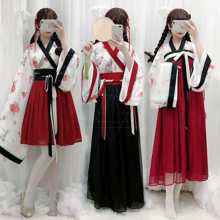 Vintage V-Neck Floral Print Top Skirt Kimono Set - Modakawa Modakawa