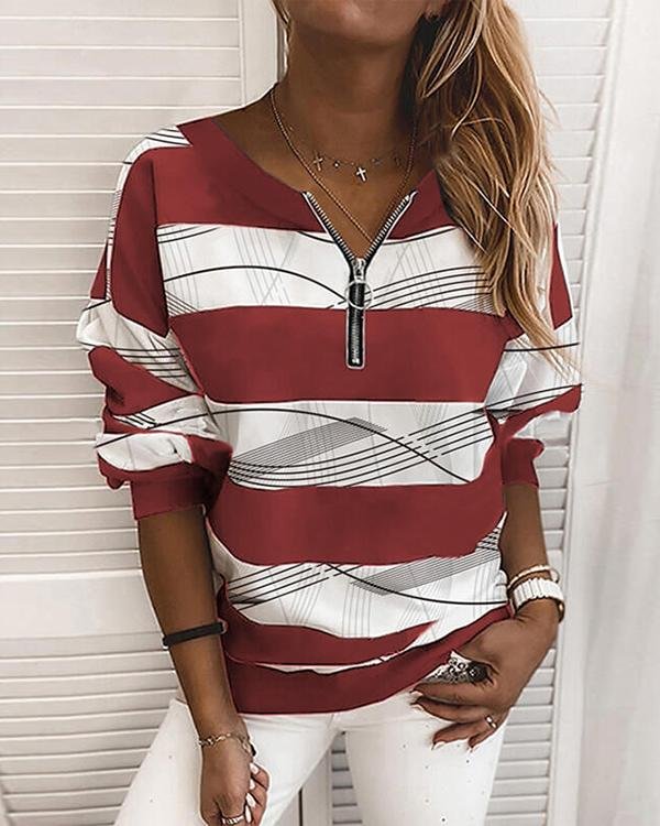 Striped Print V-Neck Long Sleeves Sweatshirt