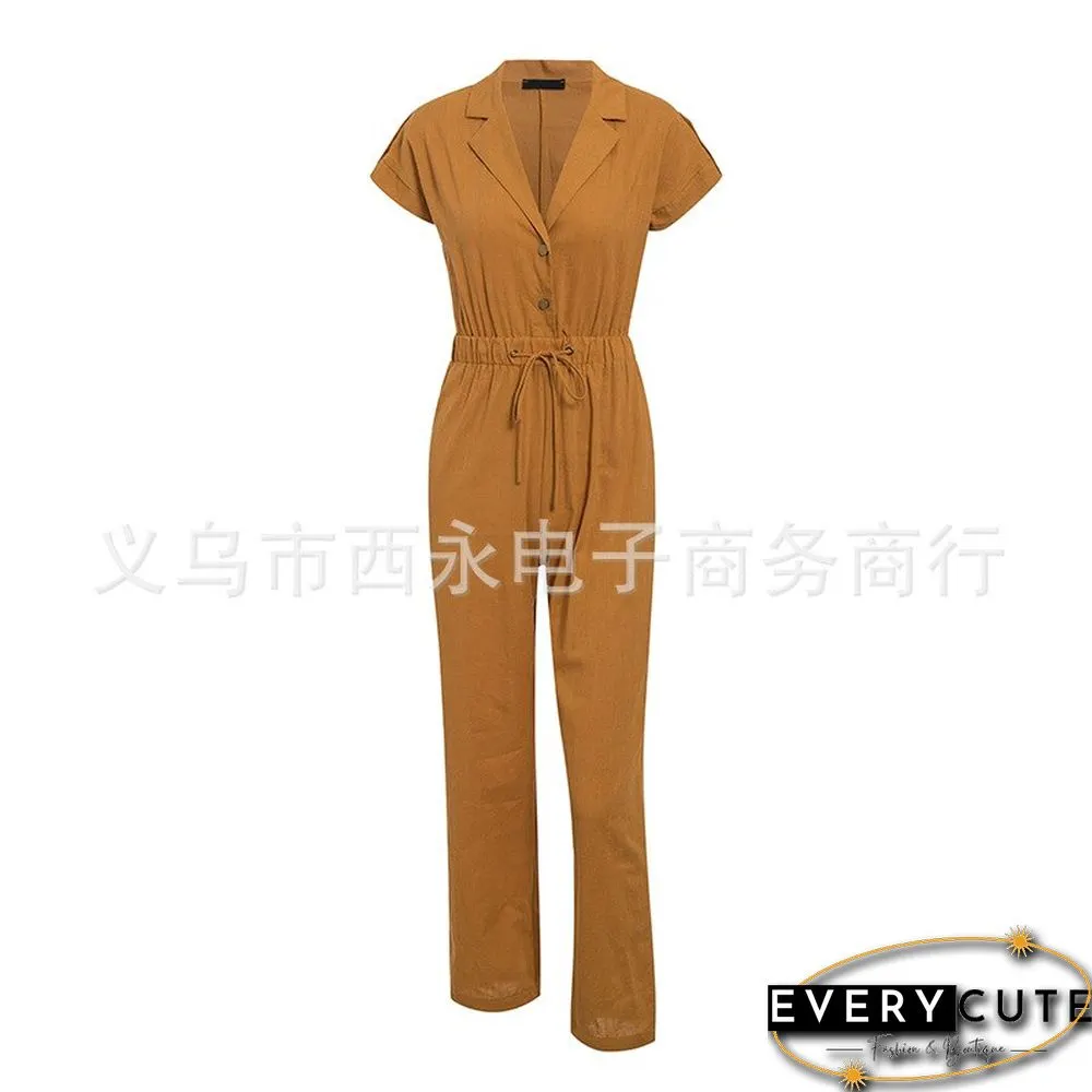 Spring & Summer High Waist Wide Leg Pants Drape Loose Cotton Jumpsuit Solid Color Belt