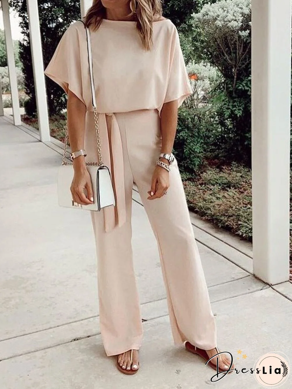 Women'S Jumpsuits Loose Short Sleeve Lace Up Jumpsuit