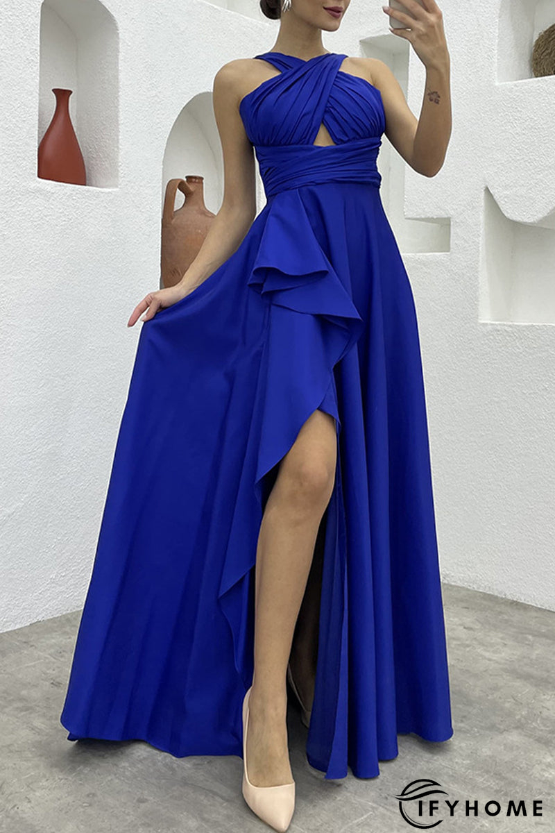 Elegant Formal Solid Slit Asymmetrical Halter Evening Dress Dresses | IFYHOME