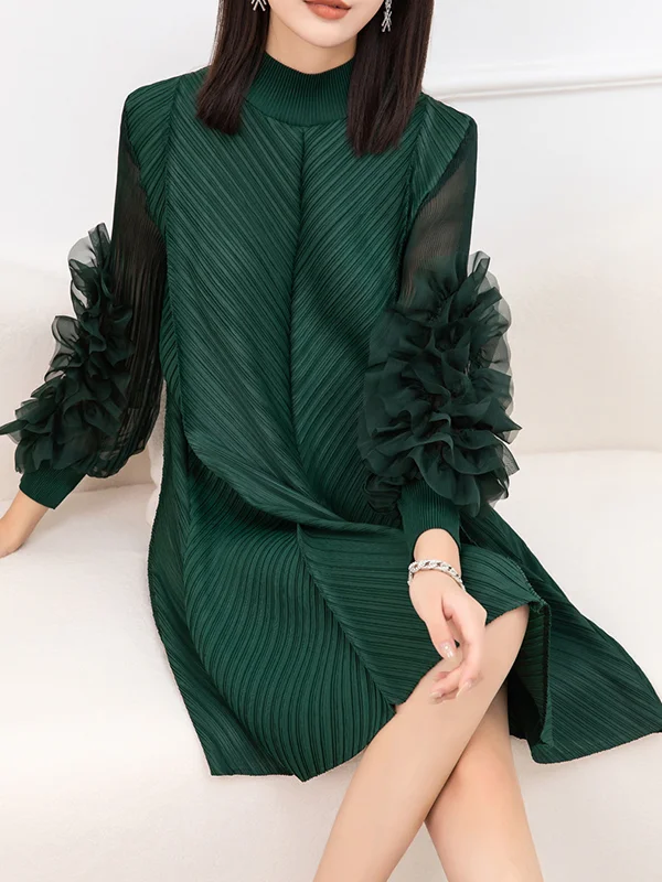 Elegant Long Sleeves Loose Embroidered Pleated Solid Color Midi Dress