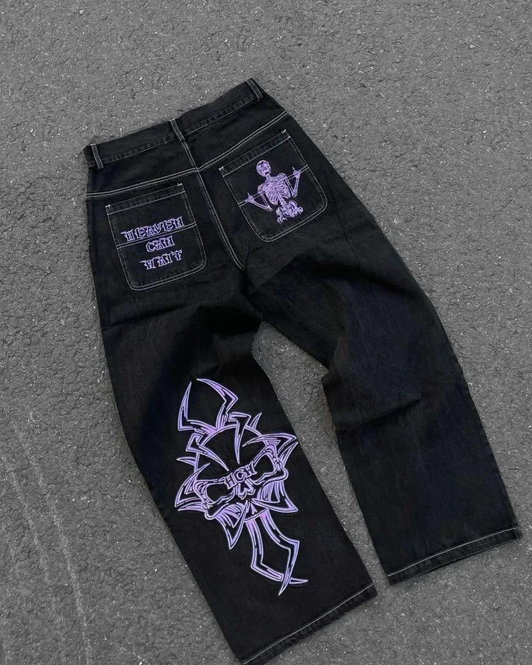 Edubridgesmart American Y2K New Fashion Punk Pattern Embroidered Straight Jeans Women Street Casual Loose Oversized Wide-leg Pants Couple Jeans