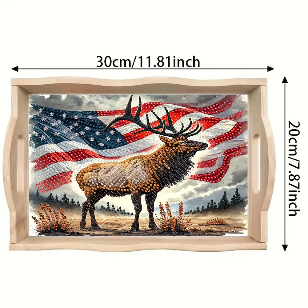 5D DIY Wooden US Flag Deer Diamond Painting Tray Art Craft for Desk Coffee Table