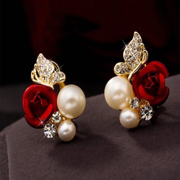 UsmallLifes King 1 Pair Grace Women Trendy Red Rose Butterfly Ear Stud Anti Allergy Pearl High-grade Crystal Bridal Earrings US Mall Lifes