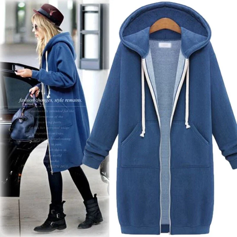 Autumn Women's Long Hoodies Casual Pockets Zipper Sweatshirt Plus Size Long Sleeve Female Hooded Jacket Outerwear Sudadera Mujer