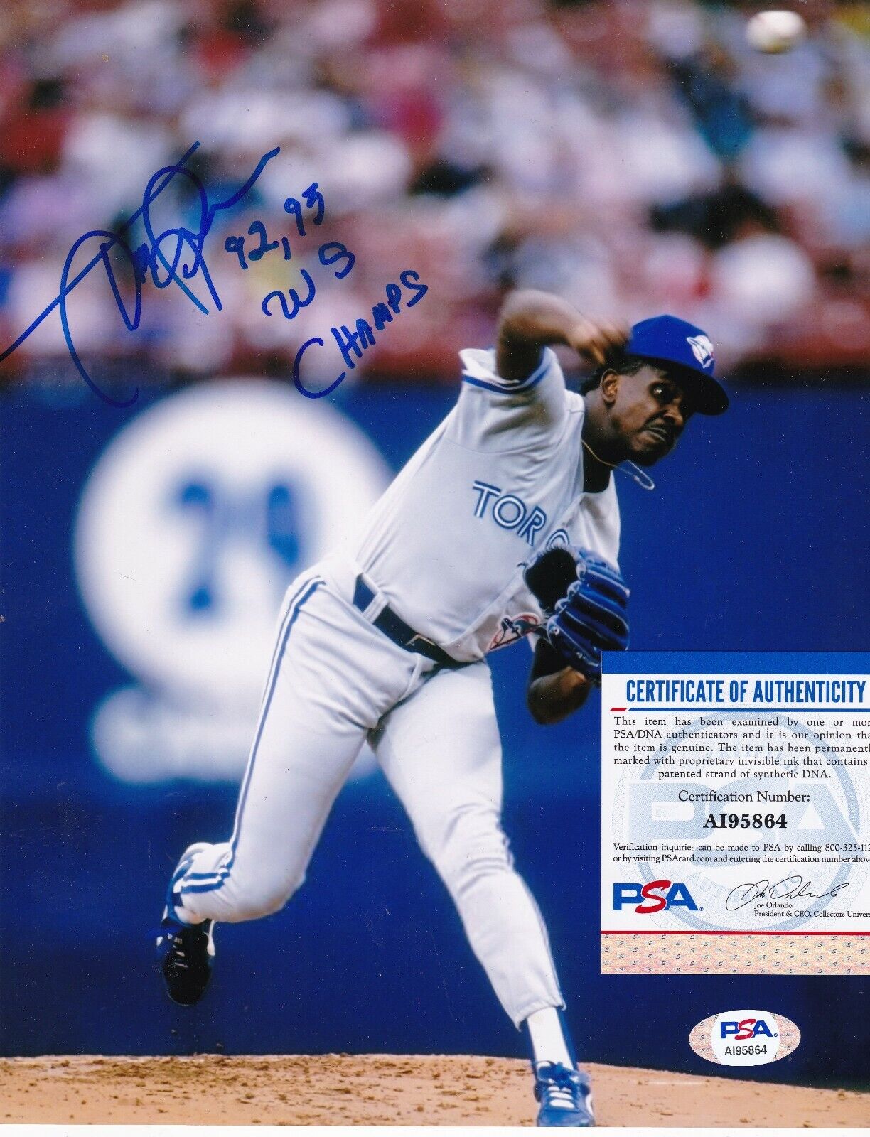 JUAN GUZMAN TORONTO BLUE JAYS 92,93 WS CHAMPS PSA AUTHENTICATED SIGNED 8x10