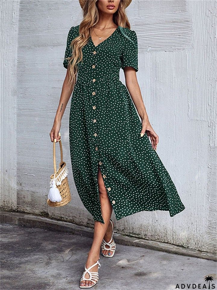 Trendy Style Button Decorated V Neck Polka Dots Printed Dresses