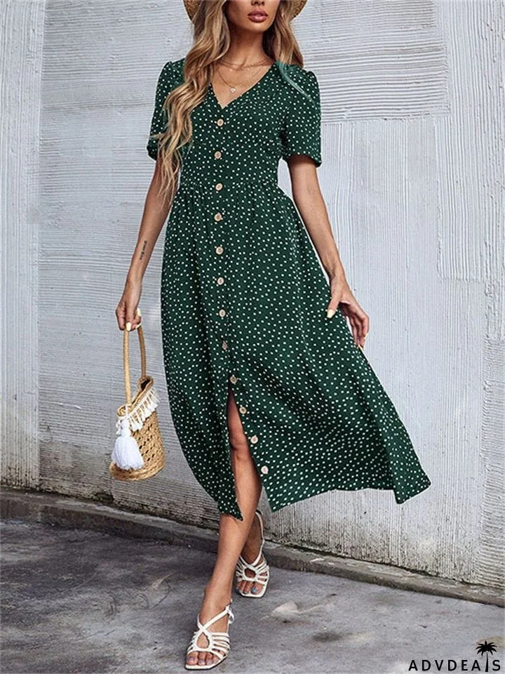 Trendy Style Button Decorated V Neck Polka Dots Printed Dresses