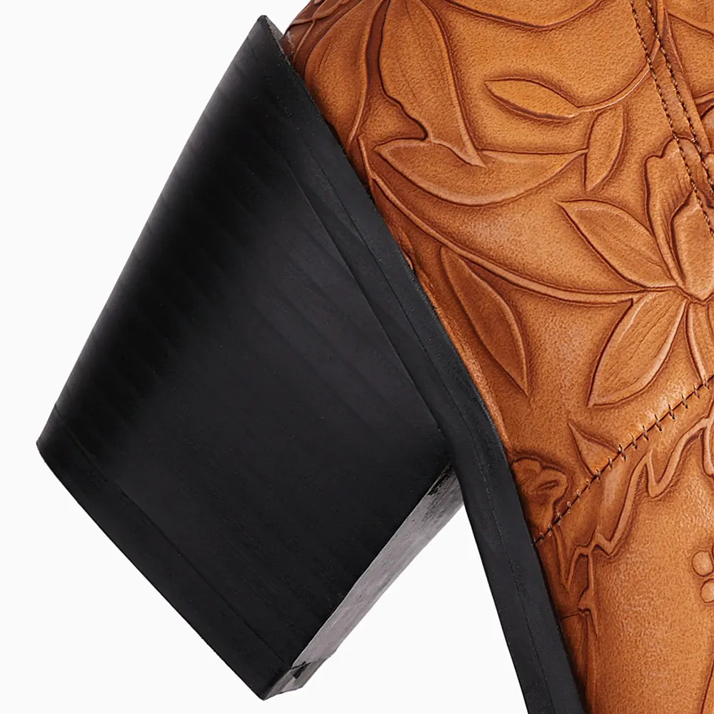 Brown Square Toe Chunky Heel Floral Embossed Women's Western Boots