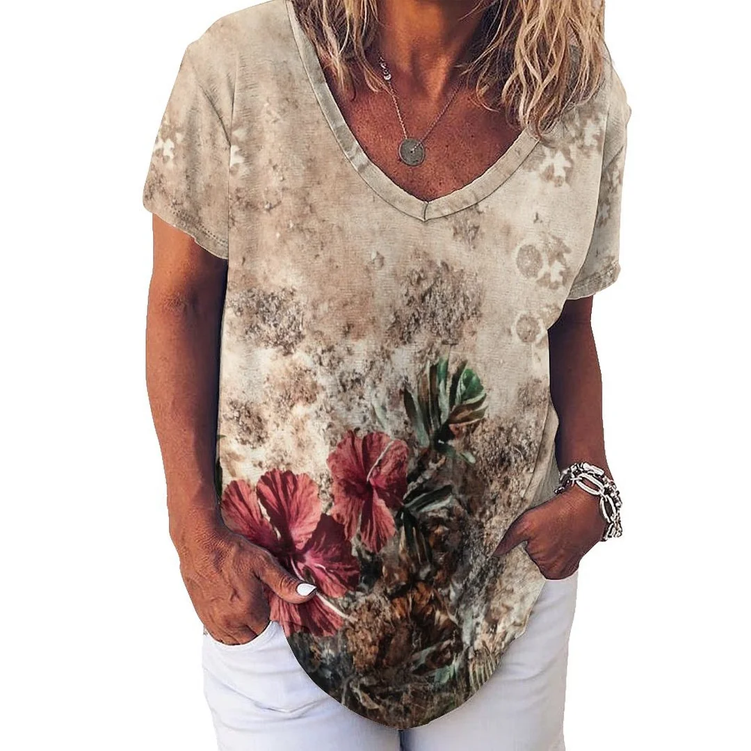 V-neck Short Sleeve Casual T-shirt for  Women Printed with Pattern Floral, Red, Pink